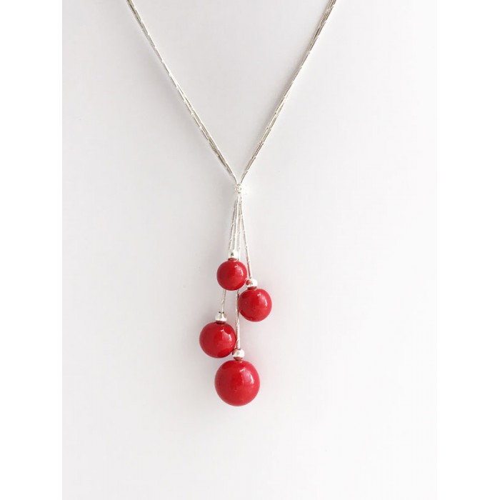 COLLIER ARGENT PERLES ROUGE